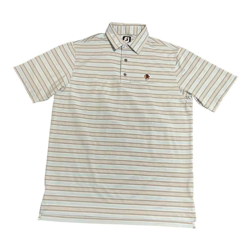 FootJoy Polo Shirt Mens‎ M Blue Striped 1923 Logo Performance Golf Short Sleeve